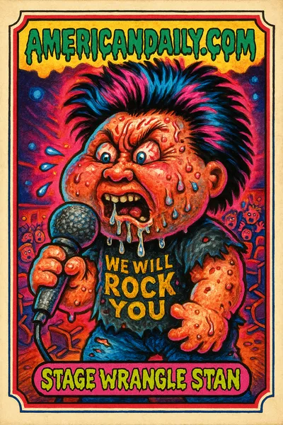 Grotesque cartoon character resembling a crazed concert-goer with bulging eyes and a foam microphone, surrounded by a chaotic theatre scene.