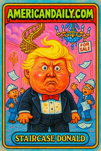 A Garbage Pail Kids-style caricature of Donald Trump in a stained tuxedo, standing cluelessly at a spiraling staircase that leads nowhere, surrounded by bewildered miniature architects.