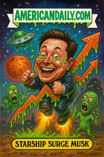 Elon Musk caricature in Starship shaped like rising stock arrow shooting toward Mars, investors watching, banner AMERICANDAILY.COM, caption From Low Orbit, To Profit Orbit!