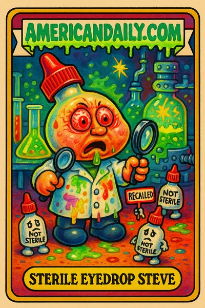 A grotesque, exaggerated eyedrop bottle character with swollen eyes, leaky mouth, and stained lab coat in a chaotic lab scene. Satirical and humorous.