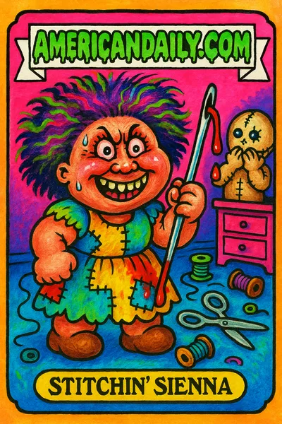 A grotesque cartoon character named 'Stitchin' Sienna' with wild hair, holding a massive needle and thread. A sewn-faced dummy in the background.