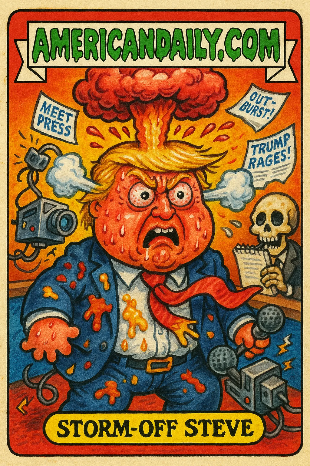 A grotesque, furious Trump with an oversized, boiling head, disheveled suit stained with condiments, on a chaotic TV set in disarray.