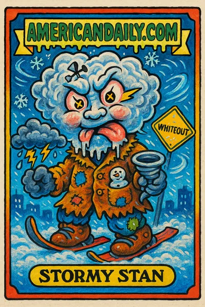 Grotesque cartoon of Stormy Stan, a character with a stormy cloud head and winter coat, battling a megastorm with tornado and thundercloud in hand.
