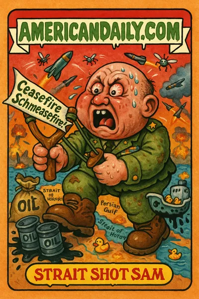 A grotesque military general caricature with massive head, sweating profusely, launching missiles with a slingshot and juggling drones, set against a chaotic Persian Gulf map.