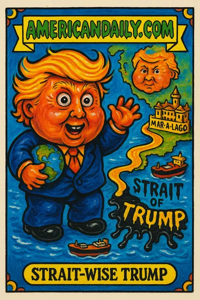 Grinning Trump caricature with oversized head near Strait of Hormuz, labeled 'Strait of Trump' in oil slick; gold Mar-a-Lago nearby.