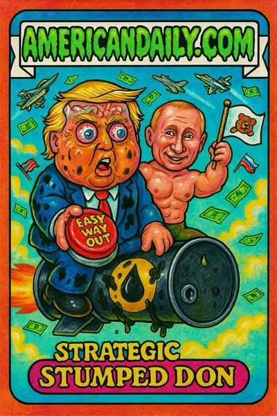 Grotesque card featuring Trump and Putin on an oil barrel rocket, with exaggerated features and chaotic background elements tied to geopolitics.