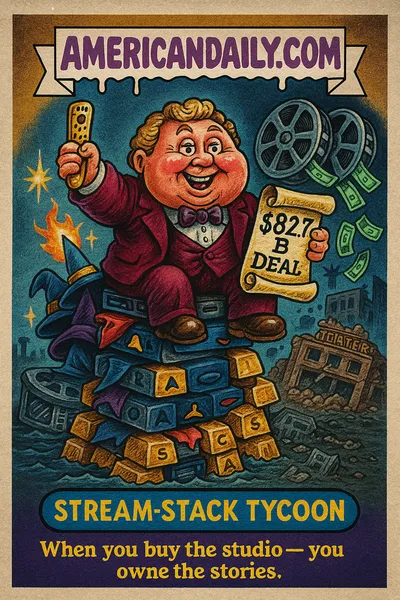 Cartoon trading card titled "Stream-Stack Tycoon": a hulking media-mogul caricature sits atop a high stack of streaming devices, film reels, and gold bars, holding a golden remote-scepter and a glowing contract marked "$82.7 B Deal"; old theaters and TVs collapse into dust around him; top banner "AMERICANDAILY.COM"; bottom nameplate "STREAM-STACK TYCOON" with caption "When you buy the studio - you own the stories."