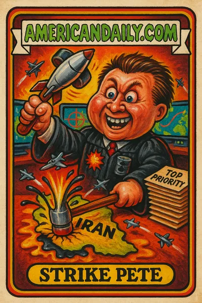 Grotesque cartoon 'Strike Pete' slams missile gavel on Iran map amid oil spurts and flying jets, parodying war strike announcement.