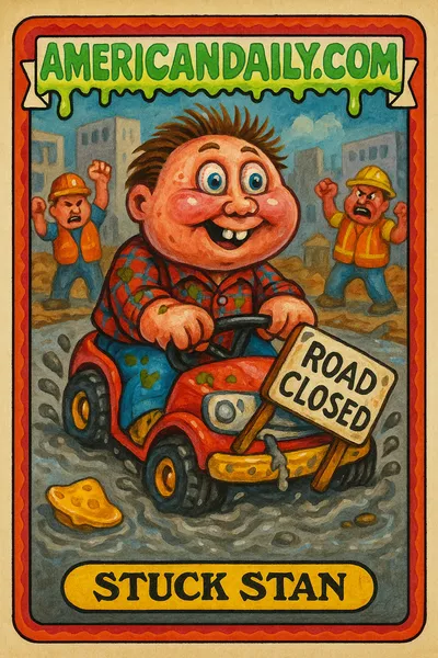 A cartoon character 'Stuck Stan' with an exaggerated head is stuck in wet concrete in a toy-like car with a broken 'Road Closed' sign adorning the vehicle.