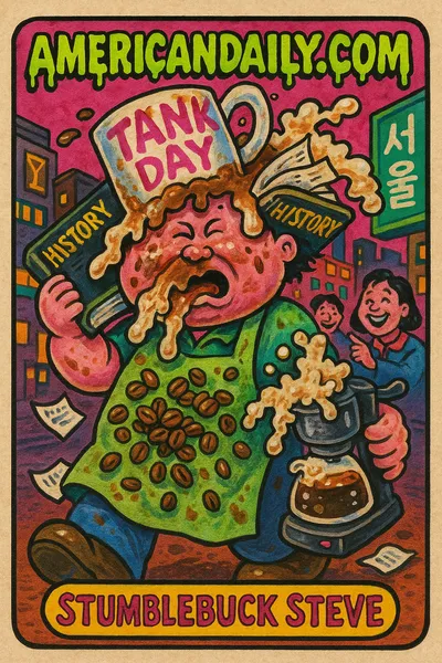 A cartoonish depiction of 'Stumblebuck Steve', a blundering barista with a coffee cup stuck on his head. Chaos ensues around him with spilled coffee, scattered beans, and apology notes.