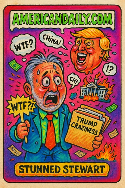 A satirical card featuring a grotesque Jon Stewart in shock, holding a 'WTF?!' sign, with Trump's head floating above a burning White House.