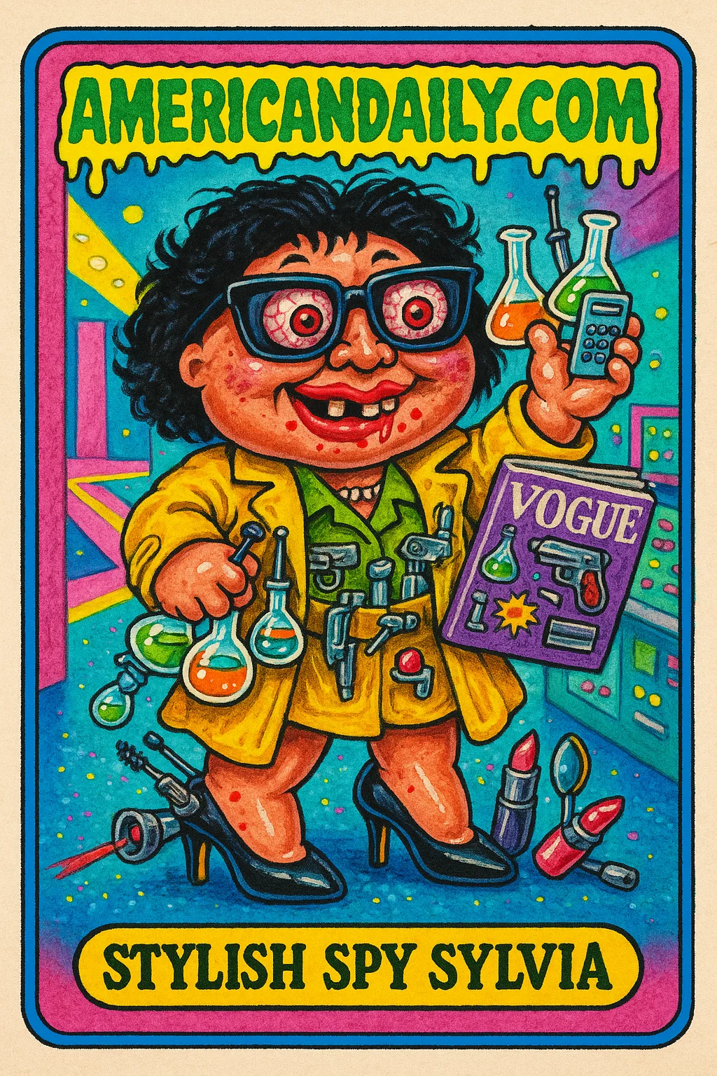 Grotesque cartoon of 'Stylish Spy Sylvia', a spy with a giant head, wearing fashionable spy gear, holding a Vogue magazine. Background of a fashion runway-espionage lab mix.