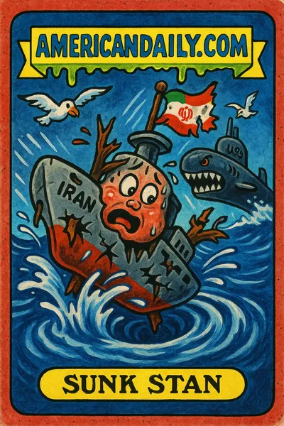 Satirical trading card of 'Sunk Stan', an Iranian warship, sunk by a US submarine after visiting India.