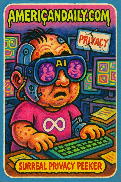 A grotesque caricature of a Meta employee with oversized eyes watching intimate videos in AI glasses.