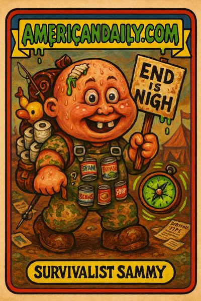 Grotesque caricature of a doomsday prepper named Survivalist Sammy with an oversized head, crazed eyes, and a chaotic bug-out backpack.