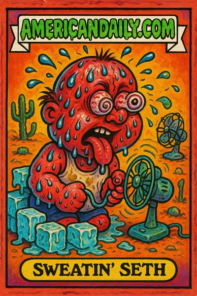 A red-faced, sweat-soaked character 'Sweatin' Seth' struggling with a melting ice fortress and over-revved fan under blazing heat.