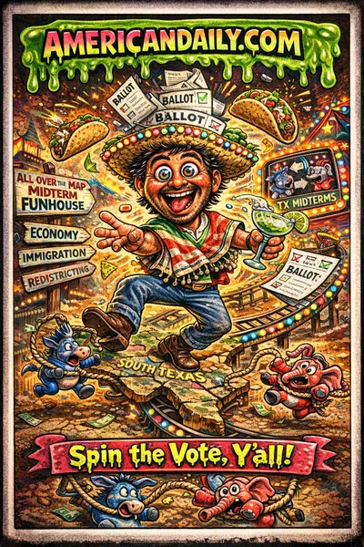 Cartoon grotesque trading card showing a wild Latino swing voter juggling border issues, tacos, ballots and donkeys/elephants under an AMERICANDAILY.COM slime banner.