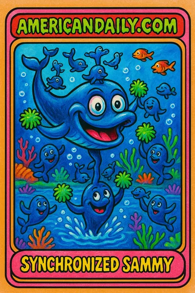 A grotesque sperm whale with exaggerated features juggling whale calves, surrounded by cheering sea life, in a colorful underwater setting.