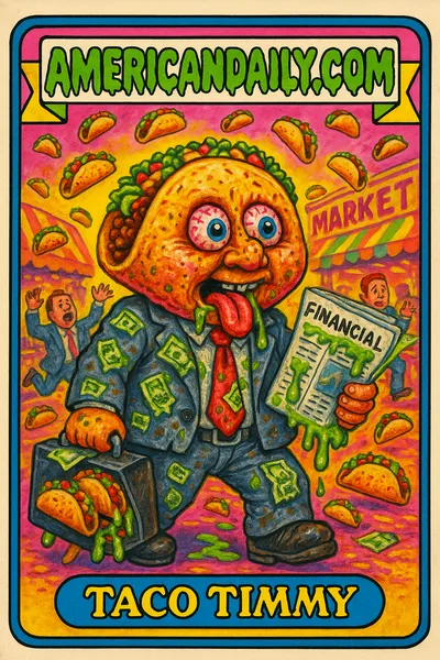 A grotesque caricature of a businessman with a taco-shaped head amidst a taco rainstorm, symbolizing the chaotic Iran business climate.