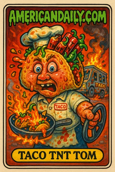 A parody card featuring a taco chef with a taco head stuffed with TNT, chaotic, exploding taco truck scene, grotesque and humorous.