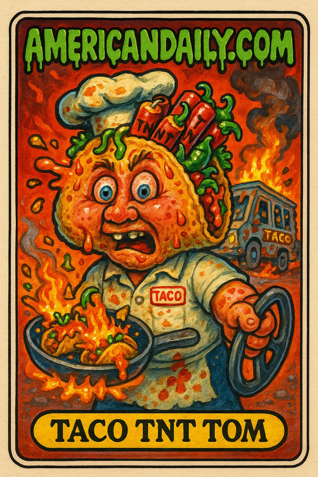 A parody card featuring a taco chef with a taco head stuffed with TNT, chaotic, exploding taco truck scene, grotesque and humorous.