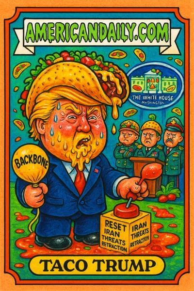 Satirical Garbage Pail Kids card showing 'Taco Trump' with a taco for a head, covered in cheese sauce, embodying his backed down Iran threats.