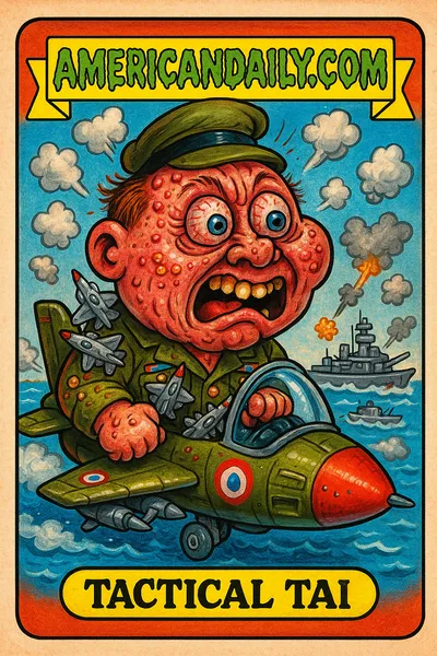 Grotesque, exaggerated Tactical Tai in a military-themed Garbage Pail Kids trading card, flying a tiny French-made jet amidst chaotic mock drills.
