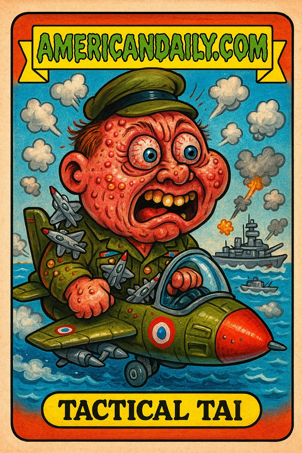 Grotesque, exaggerated Tactical Tai in a military-themed Garbage Pail Kids trading card, flying a tiny French-made jet amidst chaotic mock drills.