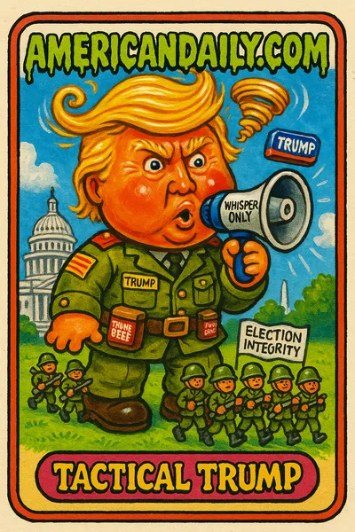 The satirical trading card features 'Tactical Trump', a grotesque caricature with an oversized head in an outdated military uniform, surrounded by tiny toy soldiers.