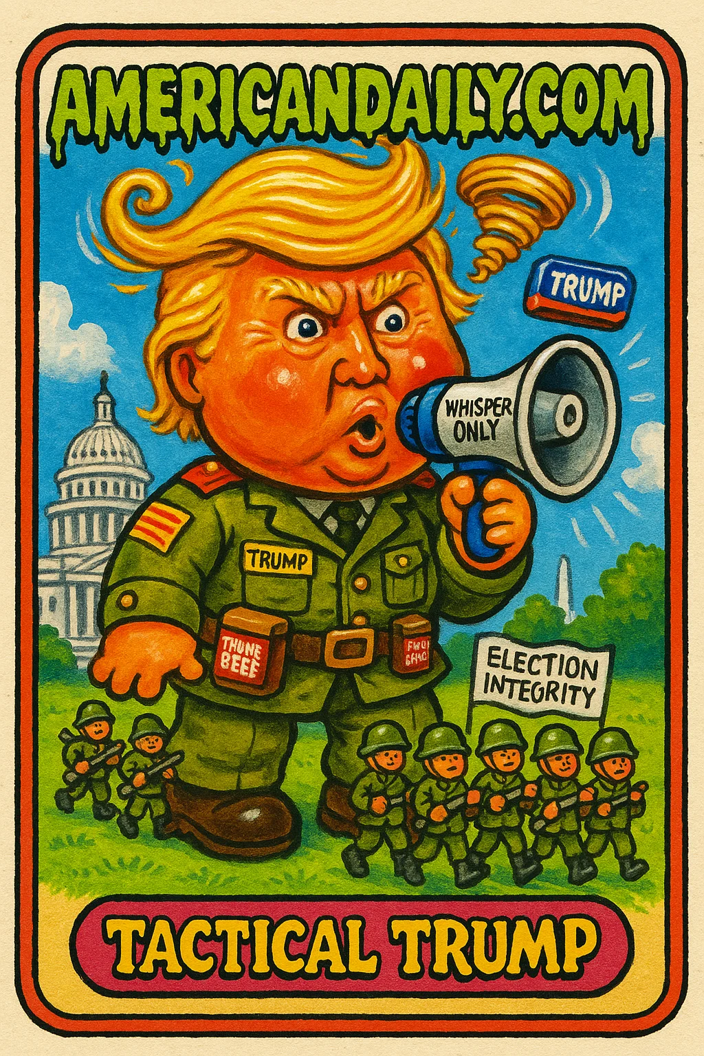 The satirical trading card features 'Tactical Trump', a grotesque caricature with an oversized head in an outdated military uniform, surrounded by tiny toy soldiers.