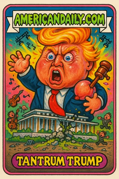 Grotesque caricature of Trump in a tantrum, with exaggerated features, flailing arms, and torn down Kennedy Center. Over-the-top, cartoonish style.