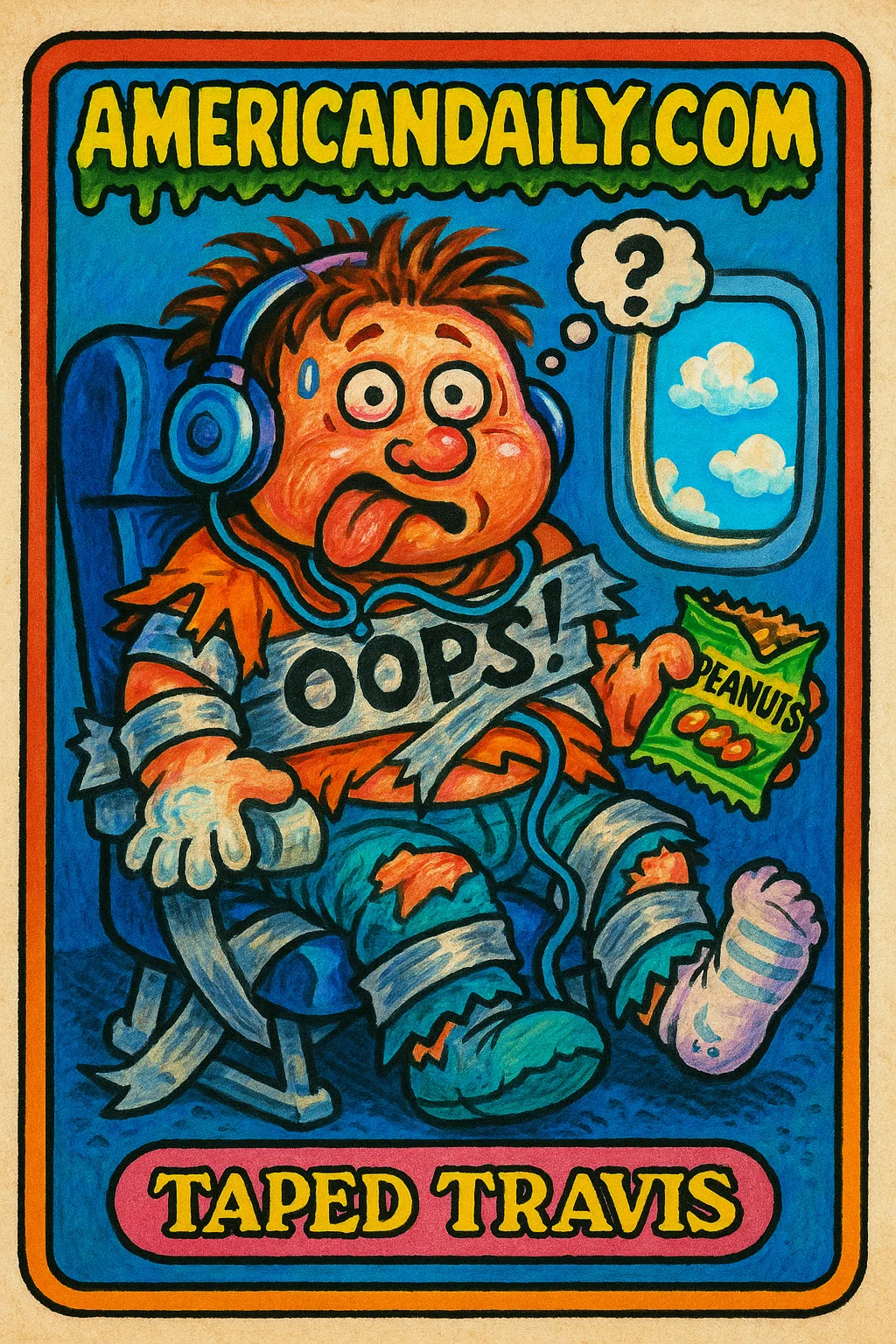 A grotesque and funny cartoon of a man duct-taped to an airplane seat with exaggerated features and a confused expression.