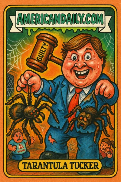 A hilarious trading card depicting a crazed political candidate holding a giant tarantula, with tenants ducking in a spider-infested Airbnb.