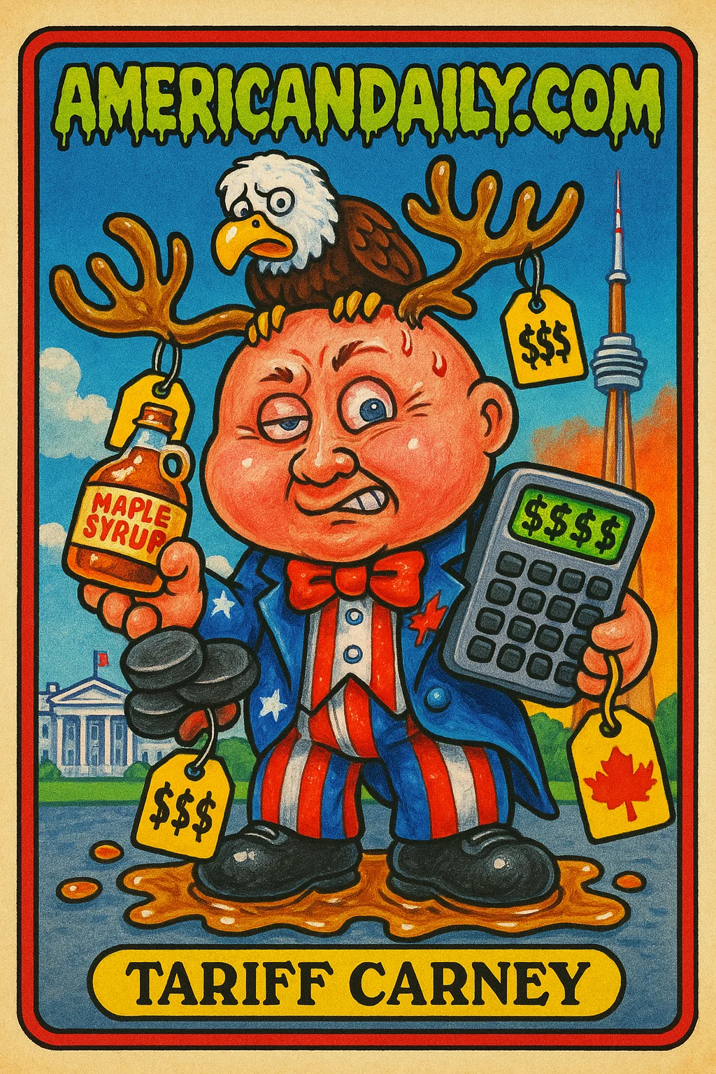 A grotesque caricature of 'Tariff Carney" tangled in US-Canada tariff battle, laden with bizarre taxed goods and chaotic symbols of nationalism.