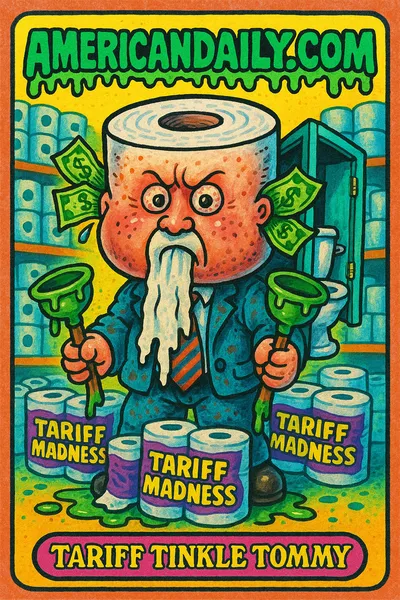 A comedic Garbage Pail Kids-style trading card depicting 'Tariff Tinkle Tommy' with a toilet paper roll head in a chaotic bathroom scene.