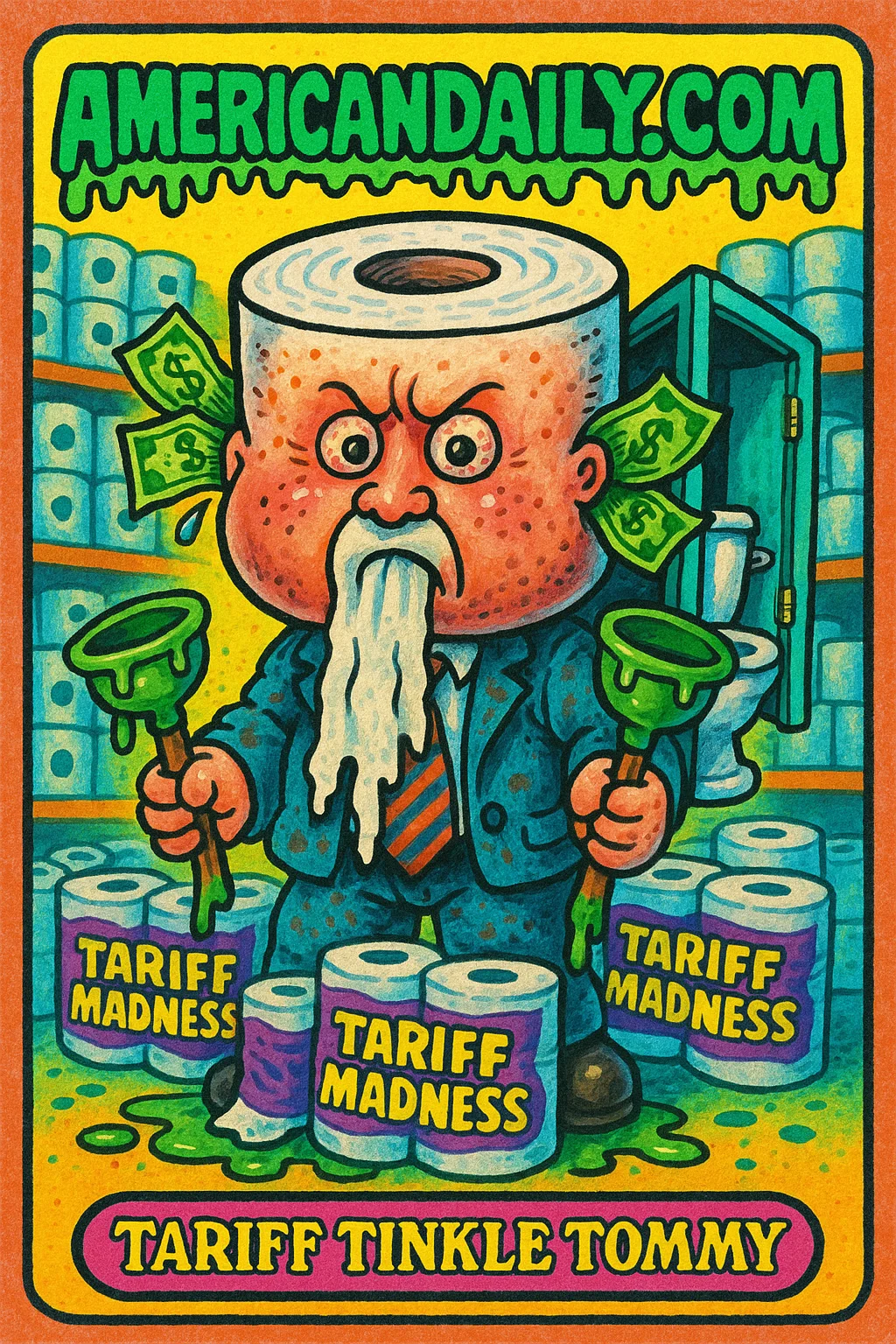 A comedic Garbage Pail Kids-style trading card depicting 'Tariff Tinkle Tommy' with a toilet paper roll head in a chaotic bathroom scene.