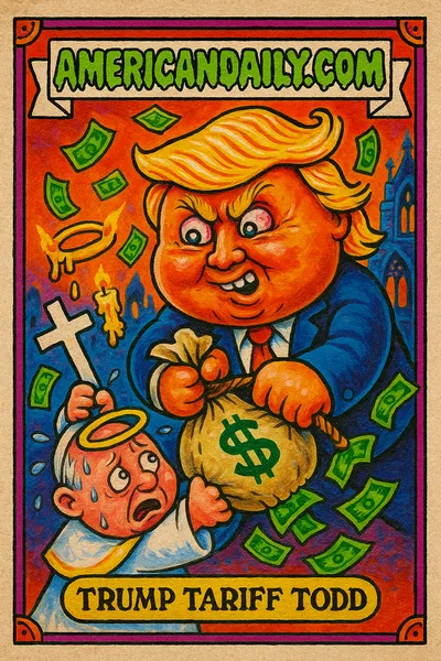 Grotesque caricature of Trump yanking money bag from tiny Pope, surrounded by melting religious icons.