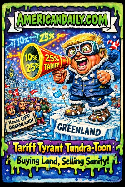 Grotesque Garbage Pail Kids style cartoon of a Trump caricature with Arctic goggles and megaphone on a cracked Greenland ice floe surrounded by Danish and Greenlandic protesters waving flags, with slime-dripping "AMERICANDAILY.COM" banner above and satirical caption below.