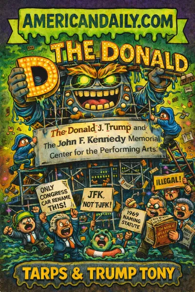 Cartoon trading card of workers putting up "The Donald" on the Kennedy Center banner as protest critters and legal-book monsters squabble in exaggerated outrage over the controversial renaming.