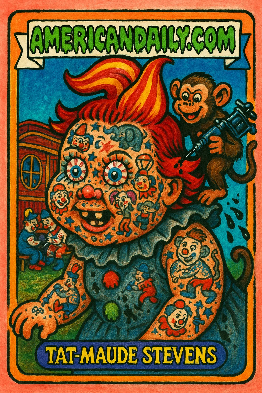 Grotesque cartoon of Tat-Maude Stevens with circus-themed tattoos, messy hair, and grimy clown costume in a circus setting.