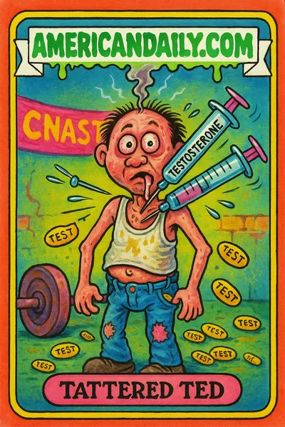 A grotesque caricature of Tattered Ted, a frail man overwhelmed by plummeting testosterone levels, surrounded by gym props, with exaggerated features.