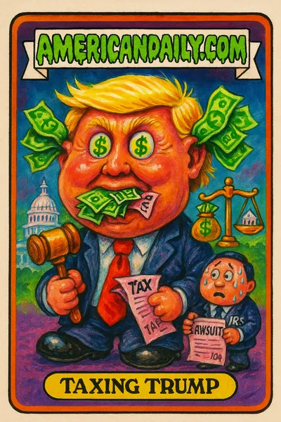 A Garbage Pail Kids-style trading card featuring a grotesque caricature of Trump with dollar signs in bulging eyes, cash spewing ears, and a morphing gavel, against a distorted Washington D.C. background.