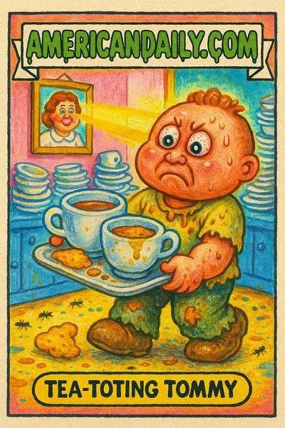 A grotesque child struggles to balance an overflowing tray of teacups in a chaotic living room, paying tribute to overwhelming motherly kindness.