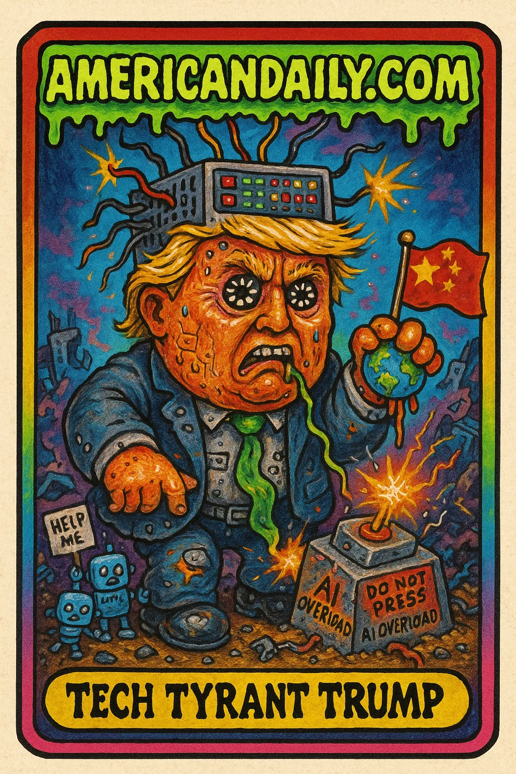 Grotesque Trump with AI server head, crushing globe, holding melting flag, surrounded by tech chaos.