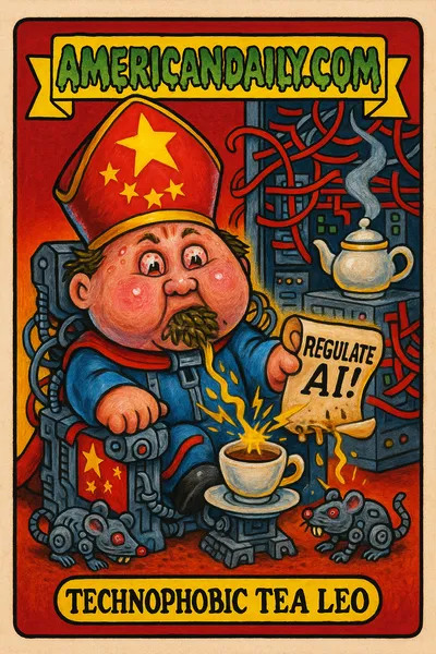 A grotesquely humorous illustration of 'Technophobic Tea Leo' seated on a robotic throne, with AI sparks flying and elements of communist imagery.