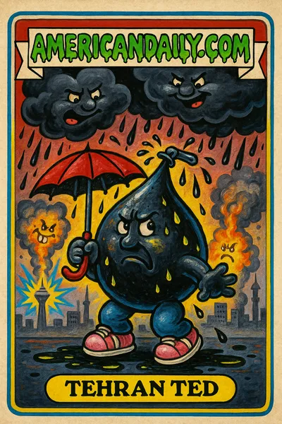 A Garbage Pail Kids style card featuring Tehran Ted, a grumpy oil droplet with a spout and umbrella, amid oily rain over a cartoonish Tehran.
