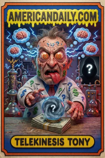 A comically exaggerated scientist with crazy eyes holds a crystal ball and a stack of Epstein-motif bills, thought bubbles floating around his head. — 3D version