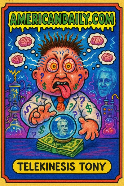 A comically exaggerated scientist with crazy eyes holds a crystal ball and a stack of Epstein-motif bills, thought bubbles floating around his head.