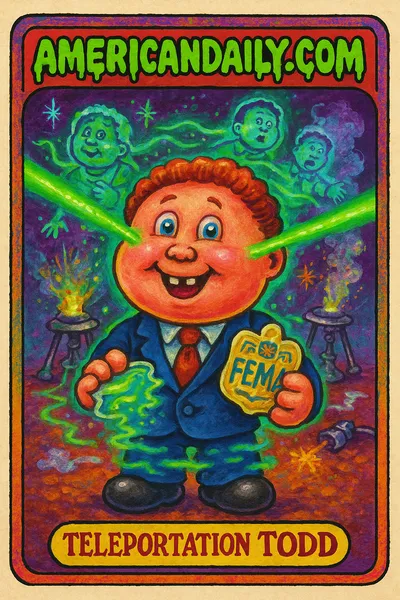 A grotesque trading card of 'Teleportation Todd', a bizarre FEMA official with teleportation-themed features and a chaotic background.