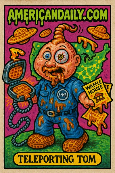 A grotesque FEMA official with a corkscrew head, mismatched eyes, drooling syrup. Holding waffle iron and menus. Waffles orbit like UFOs. Neon map background.